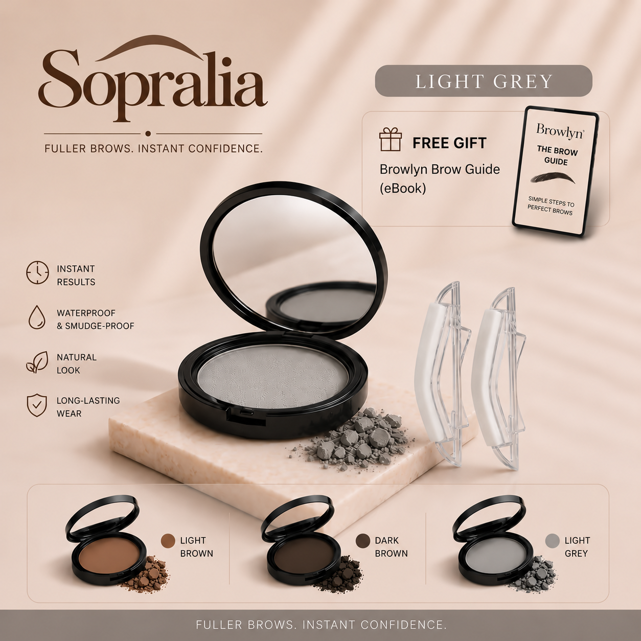 Kit sopracciglia con timbro, tonalità Grigio chiaro, con specchio e applicatori